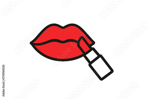 Lipstick on lip icon. Makeup application symbol. Beauty and cosmetics concept. Red lipstick on woman's mouth. Vector graphic for beauty salon, glamor, fashion, make-up artist.