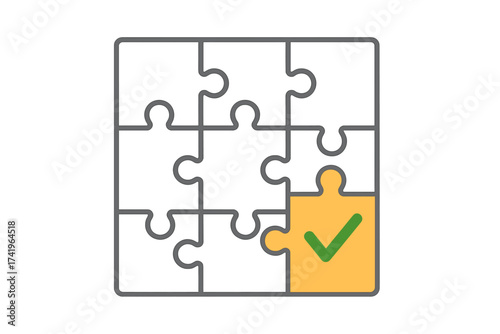 Jigsaw puzzle with final piece and check mark. Problem solved concept. Business solution and success metaphor. Strategy and achievement. Game completed. Connection and teamwork.