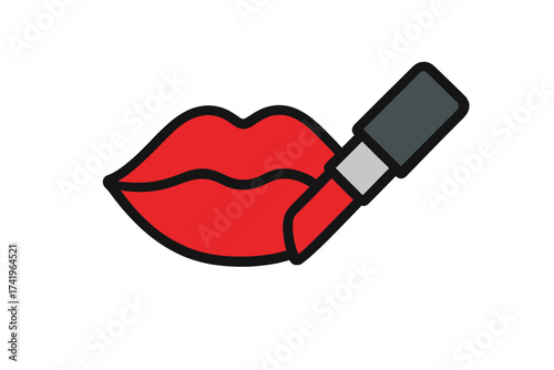 Lipstick on lips icon. Make-up symbol. Vector. Beauty cosmetic concept. Applying red color. Woman mouth. Glamour fashion illustration. Make-up artist tool. Isolated element.