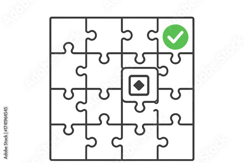 Jigsaw puzzle with resolution piece and check mark. Problem solved illustration concept. Game completed vector background. Business success, strategy, and solution metaphor.