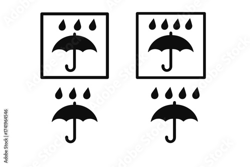 Keep dry packaging symbol icon set. Umbrella with rain drops. Shipping label sign for logistics and cargo. Handle with care sticker. Fragile package vector illustration.