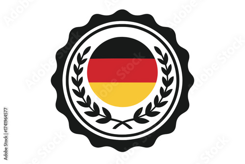 Made in Germany vector badge with German flag. Premium quality label. Symbol of origin, guarantee, certification. Product stamp icon. National production seal for packaging.
