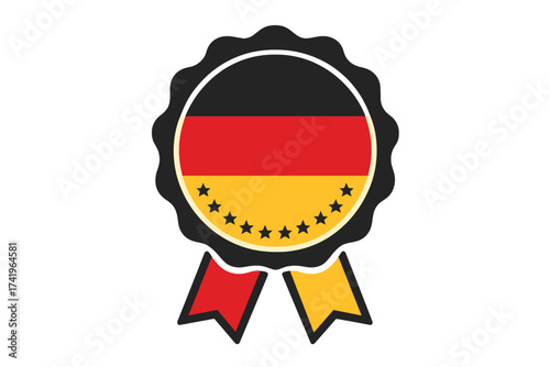 Made in Germany label badge vector. German flag seal icon for premium quality products. National origin stamp and guarantee sticker symbol with ribbon and stars for export goods.