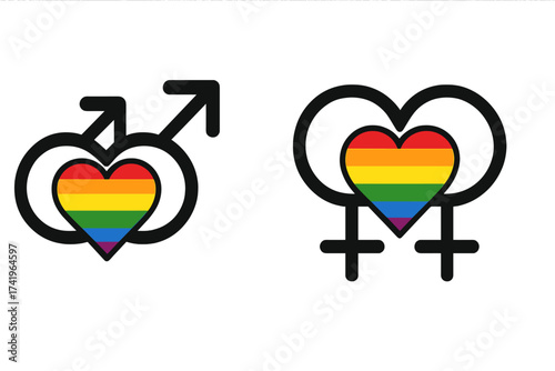 LGBT homosexual couple symbol set. Gay and lesbian love icons with rainbow heart. Vector illustration for pride month. Gender identity and relationship concept. Male and female.