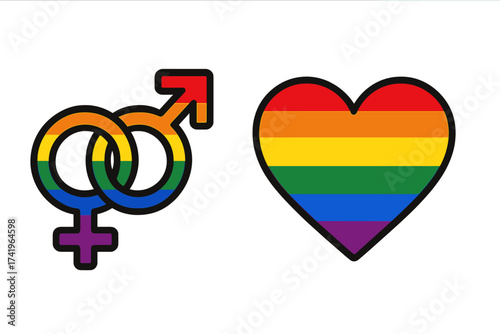 LGBT pride symbols with rainbow heart and gender signs. Gay, lesbian, bisexual, transgender love concept. Vector icon for pride month. Equality and human rights illustration set.