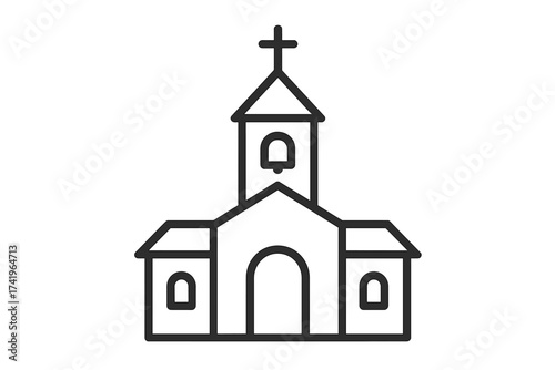 Church icon line art vector illustration. Simple christian chapel building symbol with cross. Religious faith and worship concept. Outline graphic for spiritual design element.