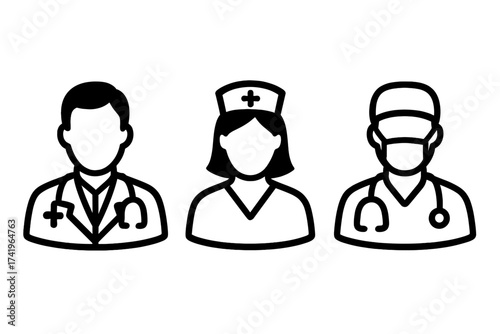 Medical team icon set. Healthcare staff vector illustration. Doctor, nurse, surgeon avatars. Hospital and clinic personnel symbols. Medical professionals group line art concept.