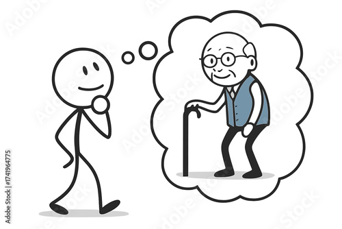 Stickman thinking about his future, imagining his older self. Concept of aging, retirement planning, pension, and life's journey. From young to senior. Vector cartoon.