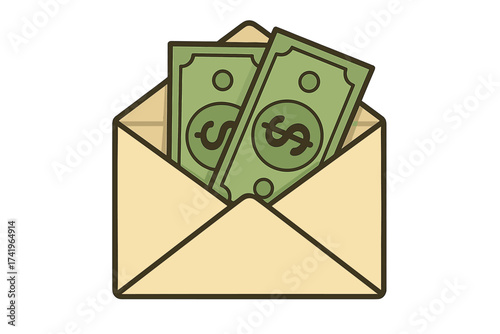 Money in envelope vector illustration. Dollar banknote cash icon. Concept for salary, payment, bribe, corruption, or savings. Financial gift, bonus, or income in a mail letter.