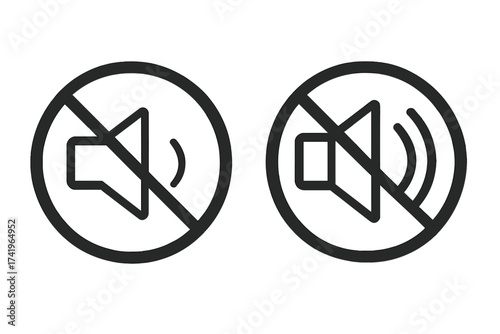 No sound, no talking vector sign set. Mute, silent mode, and volume off icon collection. Speaker symbol crossed out for quiet zone or prohibition of noise concept.