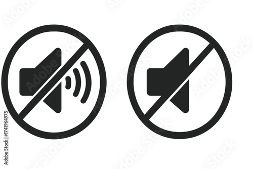 Mute and no sound icon set. Vector illustration of speaker volume off symbols. Silent mode and no noise signs for user interface. Quiet zone forbidden audio pictogram.