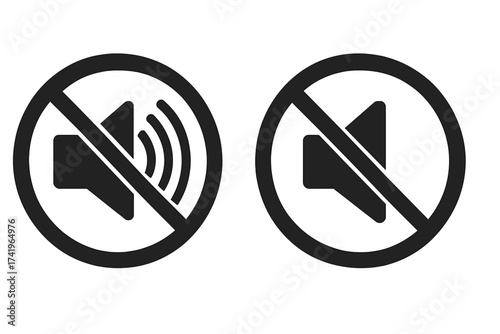 No sound icon set. Mute button, silent mode, and volume off symbols. Keep quiet and no talking sign. Audio forbidden vector illustration. Prohibition pictogram glyph.