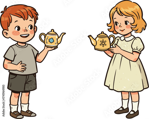 Children playing tea party, vintage teapots, boy and girl pretend play, classic childhood activity, fun imagination, kids social interaction