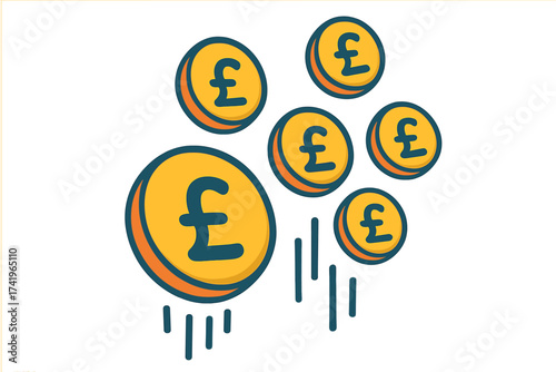 Falling pound coins vector illustration. British currency symbol for finance, income, & savings. Money cash flow icon. UK wealth, profit, investment & payment concept design.