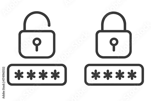 Password field with open and closed padlock icon set. Concept for data protection, security, login, authentication, and access. Cybersecurity and privacy vector illustration.