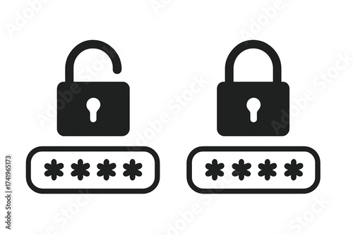 Vector icon set of password field with open and closed padlock. Symbol for login, authentication, and access control. Concept for data security, privacy, and cybersecurity.
