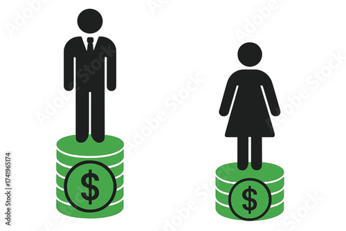 Pay gender gap concept. Man earns more money than woman. Vector illustration of income inequality, salary difference, financial disparity, job sexism, and work discrimination.
