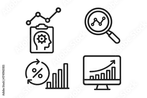 Data analysis line icon set. Predictive analytics, statistics, business intelligence. Financial growth chart, market research, trend forecast, performance metric vector pack.
