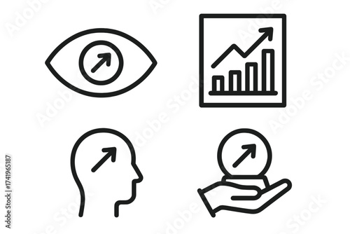 Predict and forecast icon set. Business vision for future growth. Expectation, financial trend analysis, and marketing strategy concept. Vector line icons for infographics.
