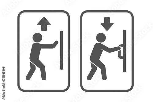 Push and pull door sign vector icon set. Information symbol for entrance and exit. Pictogram showing action of opening a door. Simple flat illustration banner on background.