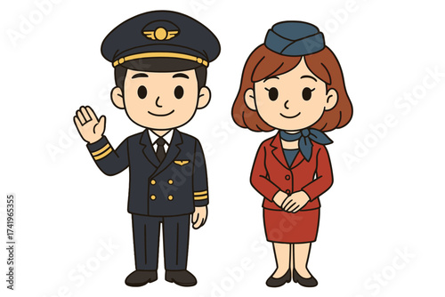 Pilot and flight attendant vector cartoon characters. Airline cabin crew staff set. Man captain and woman stewardess avatar illustration. Aviation team job and occupation concept.