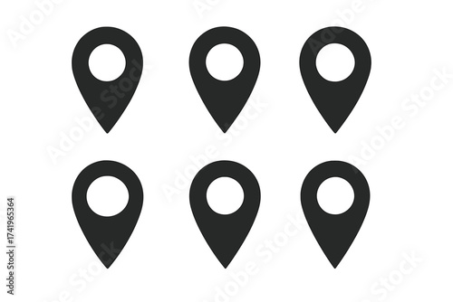 Map pin icon set. Location marker pointer symbol. GPS navigation sign. Destination point for travel. Geotag position place. Vector graphic element isolated on white background.