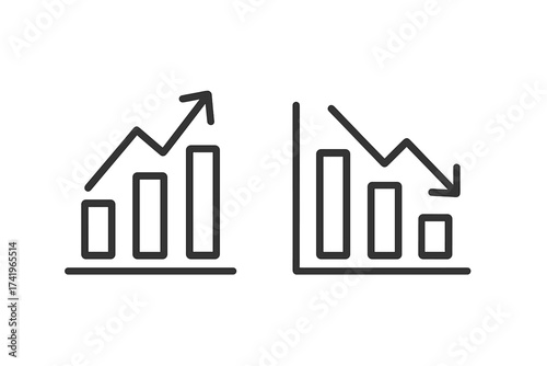 Rising and falling chart icon set. Increase and decrease graph symbol. Vector of growth and decline bar diagrams for business, finance, marketing and stock market analysis.