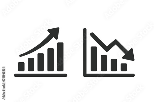 Chart graph arrow up down icon set. Vector symbol for increase decrease, growth decline. Business success failure. Financial profit loss analysis. Stock market trend illustration.