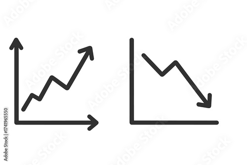 Rising and falling chart icon set. Increase and decrease graph symbol. Vector illustration. Business success and failure concept. Financial growth and decline arrow diagram.