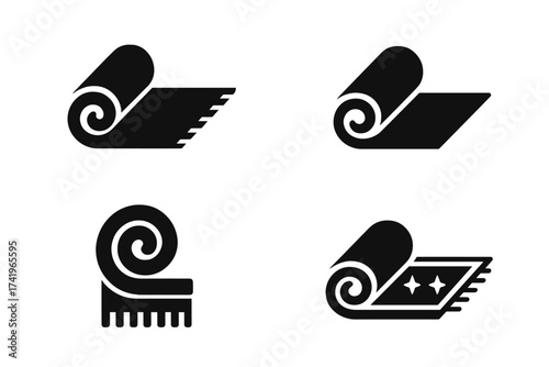 Carpet and rug rolling icon set. Vector glyph collection for flooring, home decor, and cleaning services. Includes rolled up mat, unrolling textile, and new clean carpet symbols.