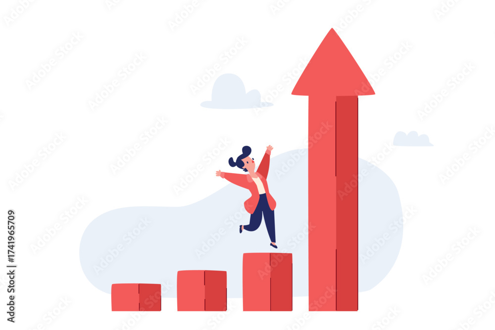 Fototapeta premium businesswoman celebrating success with skyrocketing bar chart