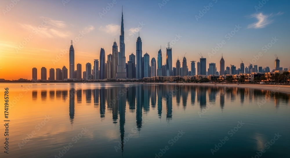Fototapeta premium Modern city skyline at dusk with tall buildings reflecting in tranquil water bathed in gradient light from orange to blue