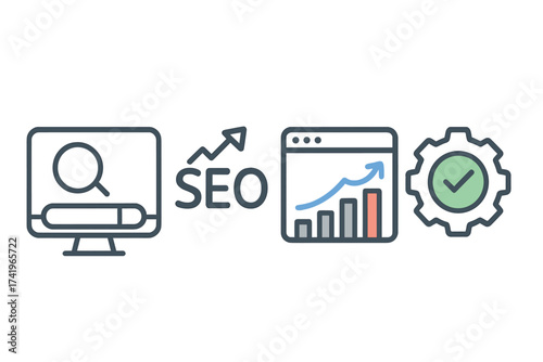 SEO Search Engine Optimization concept. Digital marketing strategy. Website traffic growth and ranking analysis. Data analytics for business. Keyword research and success icons.