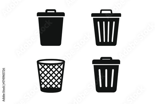 Trash can icon set vector collection. Rubbish bin, garbage container, wastebasket silhouette. Symbol for delete, remove, disposal. Simple flat recycling, eco concept design.