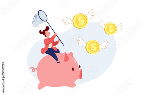businesswoman on piggy bank holding butterfly net chasing coins with wings