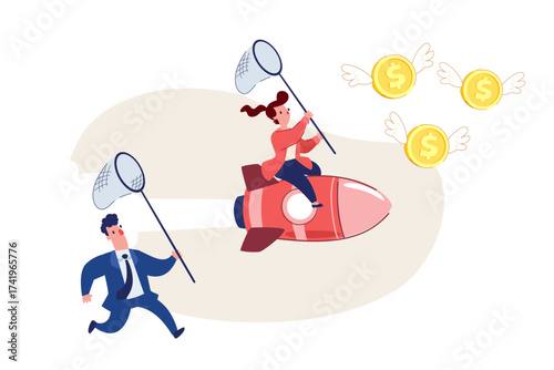 businesswoman riding rocket with butterfly net chasing flying money while competitor runs behind