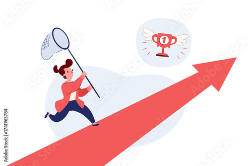 businesswoman running on rising arrow with butterfly net trying to catch trophy with wings
