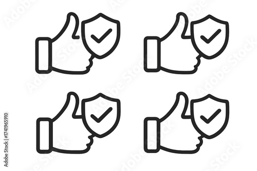 Quality guarantee icon. Approved and certified product. Premium quality label. Satisfaction guaranteed. Best choice symbol. Thumbs up with shield and check mark. Secure deal.