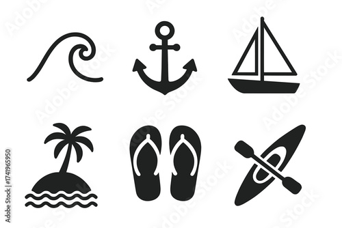 Sea icon set for travel and vacation. Vector collection of summer beach symbols. Ocean wave, nautical anchor, sailboat, tropical island, flip flops, and kayak icons.