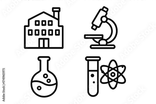 Science line icon set. Laboratory, research, and experiment symbols. Vector illustration includes microscope, test tube, atom, and chemical flask for biology or chemistry.