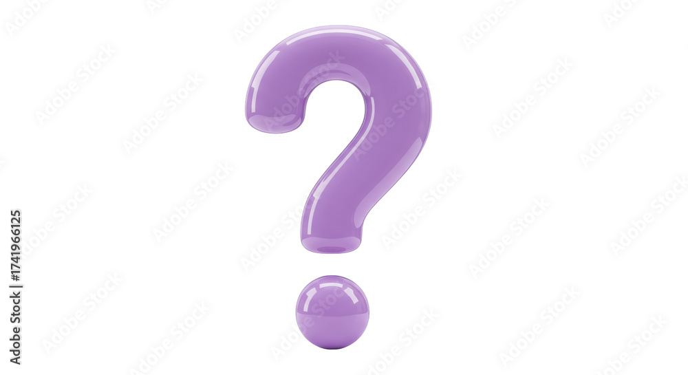 Naklejka premium Glossy purple question mark isolated PNG, 3D rendering of punctuation symbol on transparent background for graphic design and educational use