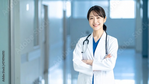 白衣を着た笑顔の女性医師のイメージ 背景素材 16:9サイズ AI生成素材