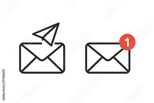 Send and receive email icon set. Vector line illustration of an envelope with a paper plane and a new message notification symbol with a counter. Mail, inbox, communication.