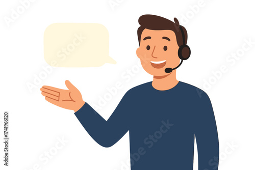 Customer service, help, support concept. Call center agent character with headset. Man operator consulting client. Online tech support vector illustration banner template.