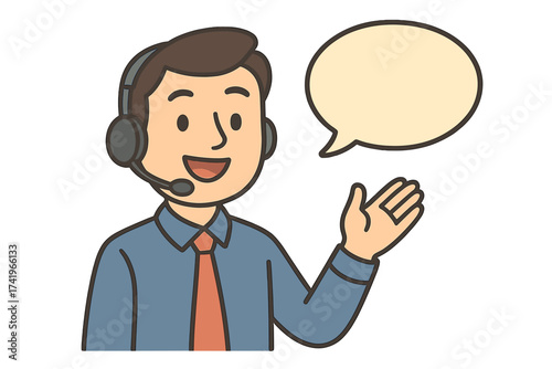 Customer support agent with headset, concept for assistance and call center. Happy man character saying welcome, how can I help you. Vector illustration with speech bubble.