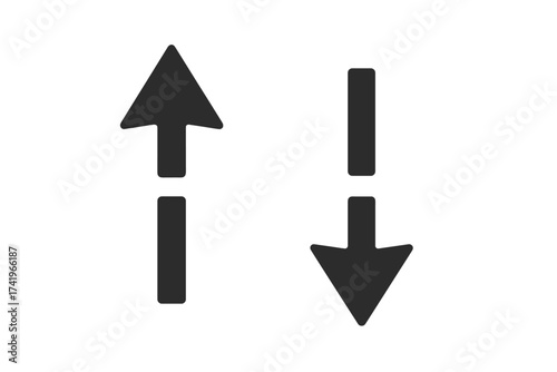 Up and down arrow vector icon set. Symbol for upload, download, sorting, data transfer. Navigation and direction sign. Increase, decrease, and opposite direction concept.