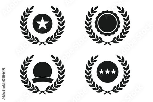 Bestseller award laurel wreath vector. Quality seal emblem collection. Top rated winner icon. Best prize logo. Guarantee badge set. Victory symbol. Star rating label sticker.