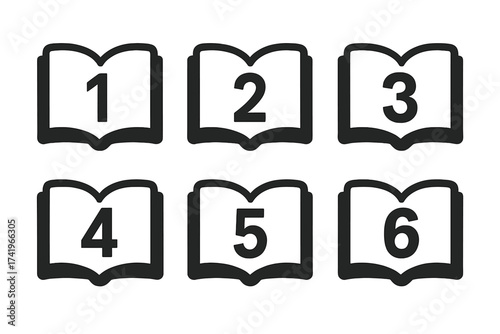 Book chapter number icon set 1 to 6. Vector graphic for section breaks, steps, or ordered lists. Infographic elements for a manual, guide, or tutorial design symbol.