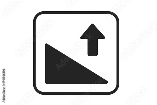 Slope icon with up arrow. Incline ramp, steep grade, and uphill path warning sign. Business growth, increase, and success concept. Vector isolated on transparent background.