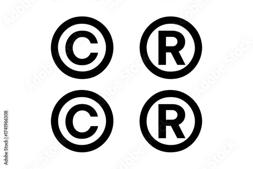 Set of registered trademark and copyright symbols. C and R letter icons in a circle. Intellectual property concept. Vector for legal, patent, brand identity, and protection.